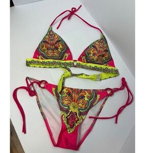 Pink Neon Yellow Paisley Halter Triangle Bikini Set Gold O-Ring Size Medium NWOT